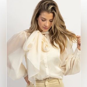 Cream organza bow collar blouse